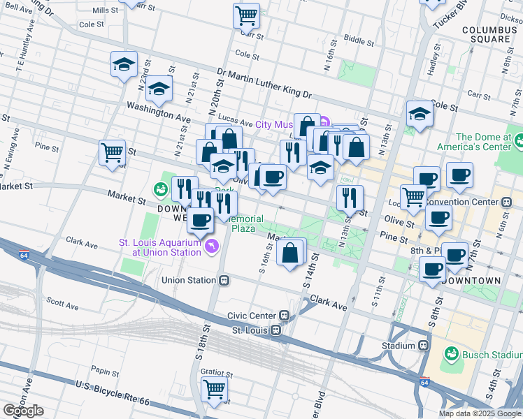 map of restaurants, bars, coffee shops, grocery stores, and more near 1621 Chestnut Street in St. Louis