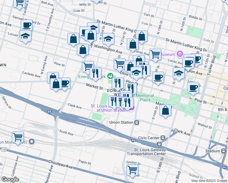 map of restaurants, bars, coffee shops, grocery stores, and more near in St. Louis