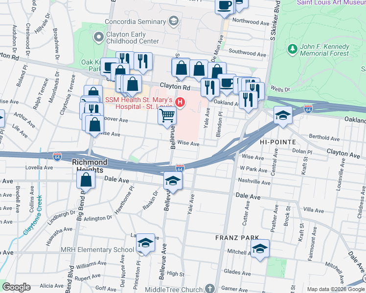 map of restaurants, bars, coffee shops, grocery stores, and more near 1220 Bellevue Avenue in Richmond Heights