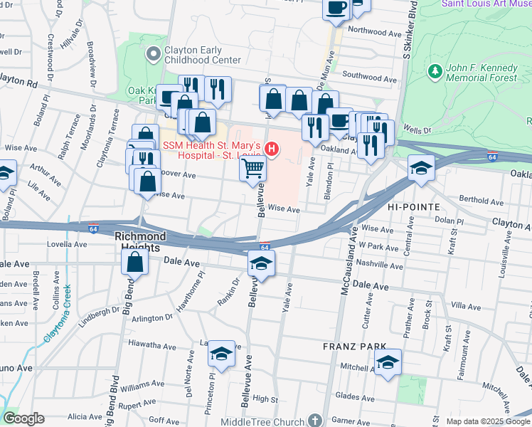 map of restaurants, bars, coffee shops, grocery stores, and more near 1220 Bellevue Avenue in Richmond Heights