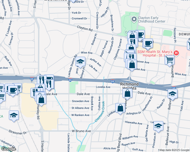 map of restaurants, bars, coffee shops, grocery stores, and more near 1269 Moorlands Drive in Richmond Heights