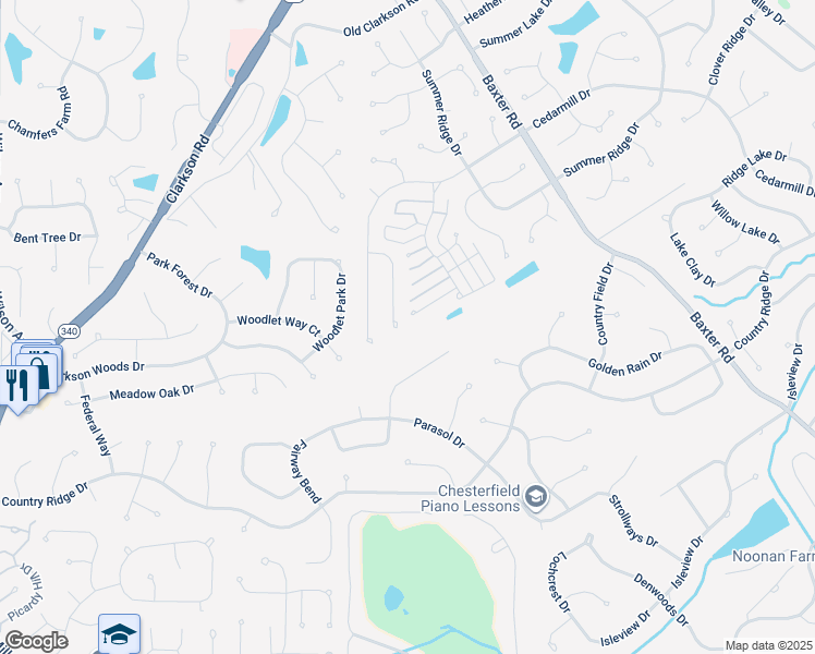 map of restaurants, bars, coffee shops, grocery stores, and more near 15810 Kersten Ridge Drive in Chesterfield