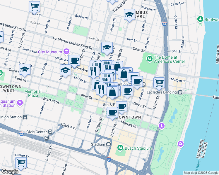 map of restaurants, bars, coffee shops, grocery stores, and more near 411 North 10th Street in St. Louis