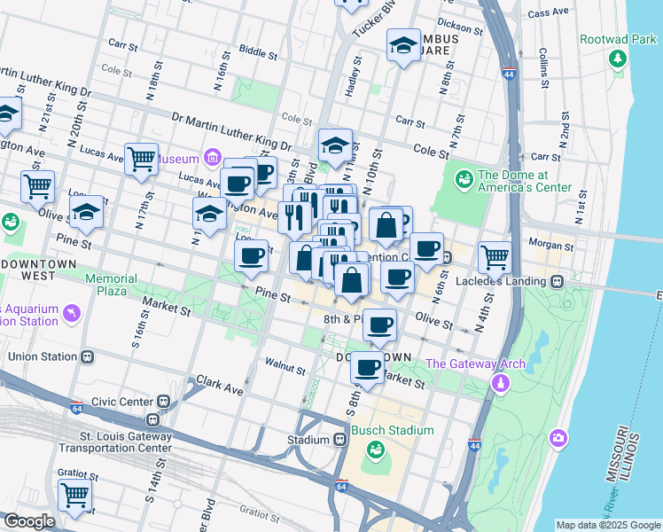 map of restaurants, bars, coffee shops, grocery stores, and more near 1012 Locust Street in St. Louis