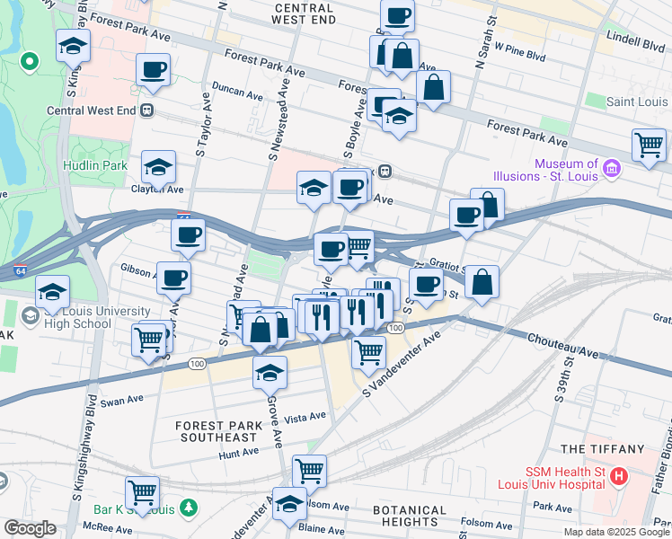 map of restaurants, bars, coffee shops, grocery stores, and more near 918 South Boyle Avenue in St. Louis
