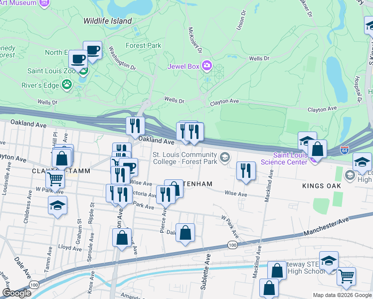 map of restaurants, bars, coffee shops, grocery stores, and more near 1030 Parkview Place in St. Louis
