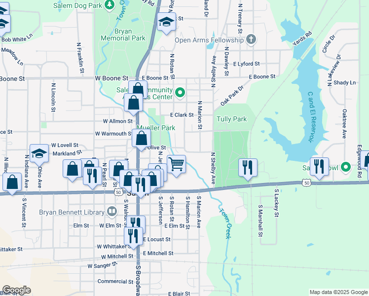 map of restaurants, bars, coffee shops, grocery stores, and more near 531 East Olive Street in Salem