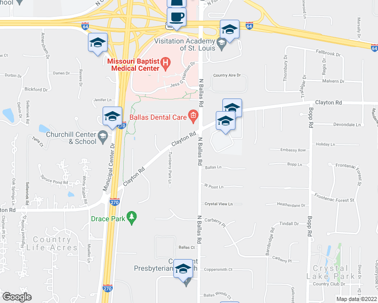 map of restaurants, bars, coffee shops, grocery stores, and more near 2605 North Ballas Road in St. Louis