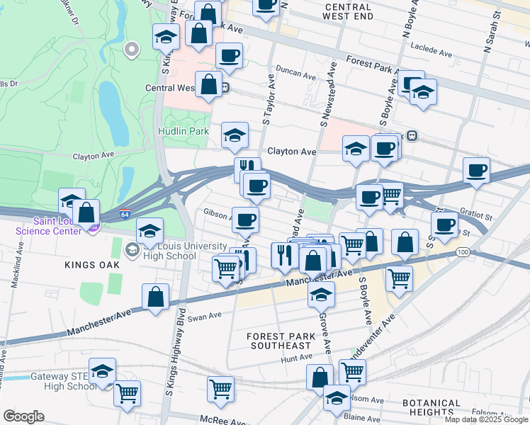 map of restaurants, bars, coffee shops, grocery stores, and more near 4437 Gibson Avenue in St. Louis