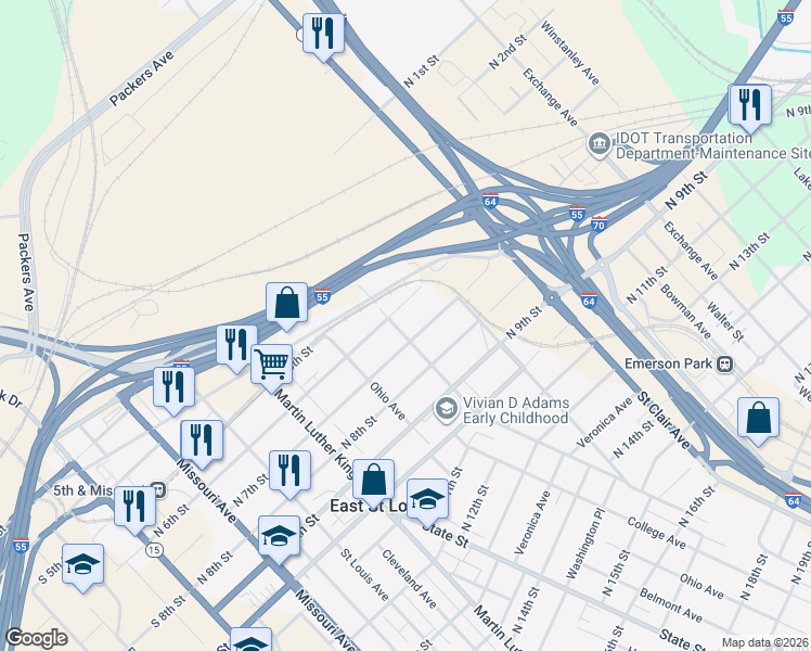 map of restaurants, bars, coffee shops, grocery stores, and more near 618 Summit Avenue in East St. Louis