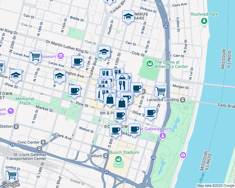 map of restaurants, bars, coffee shops, grocery stores, and more near 416 North 9th Street in Saint Louis