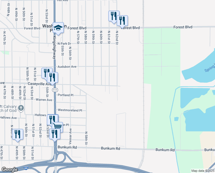 map of restaurants, bars, coffee shops, grocery stores, and more near 1659 North 61st Street in Washington Park