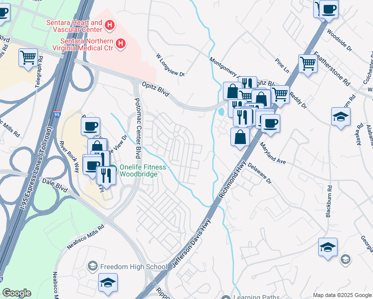 map of restaurants, bars, coffee shops, grocery stores, and more near 14839 Potomac Branch Drive in Woodbridge