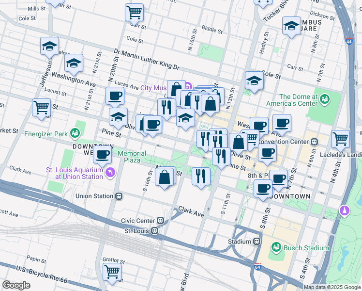 map of restaurants, bars, coffee shops, grocery stores, and more near in St. Louis
