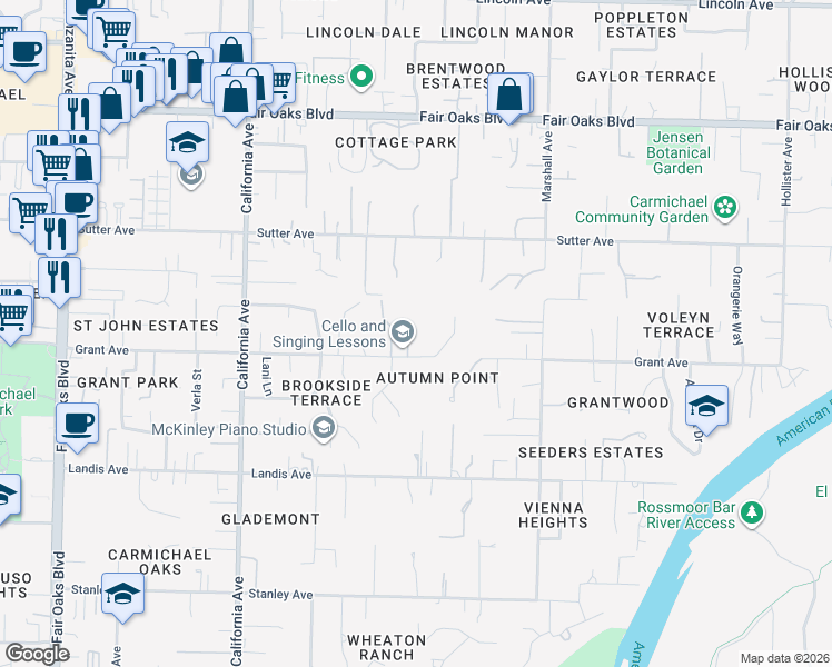 map of restaurants, bars, coffee shops, grocery stores, and more near 6503 Grant Avenue in Carmichael