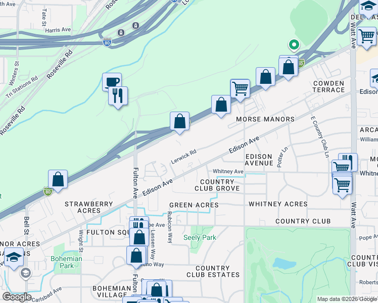 map of restaurants, bars, coffee shops, grocery stores, and more near 2825 Edison Avenue in Sacramento