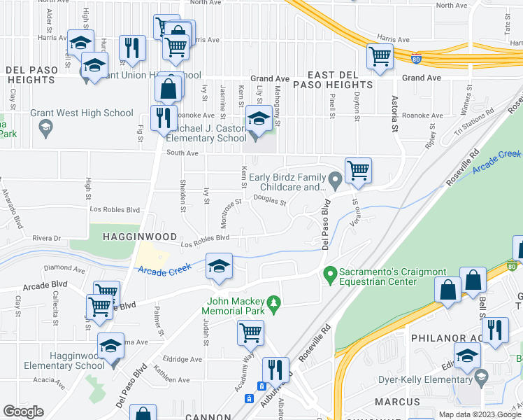 map of restaurants, bars, coffee shops, grocery stores, and more near 1747 Los Robles Boulevard in Sacramento