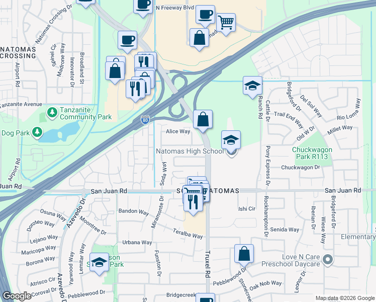 map of restaurants, bars, coffee shops, grocery stores, and more near 1665 Vallarta Circle in Sacramento