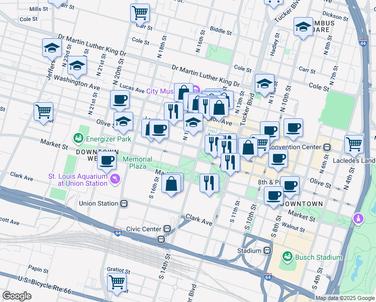 map of restaurants, bars, coffee shops, grocery stores, and more near in St. Louis
