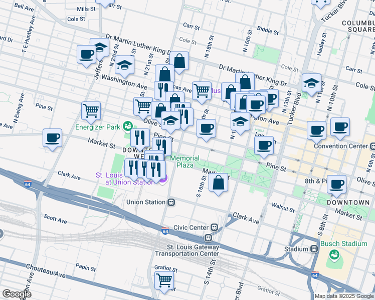 map of restaurants, bars, coffee shops, grocery stores, and more near in St. Louis