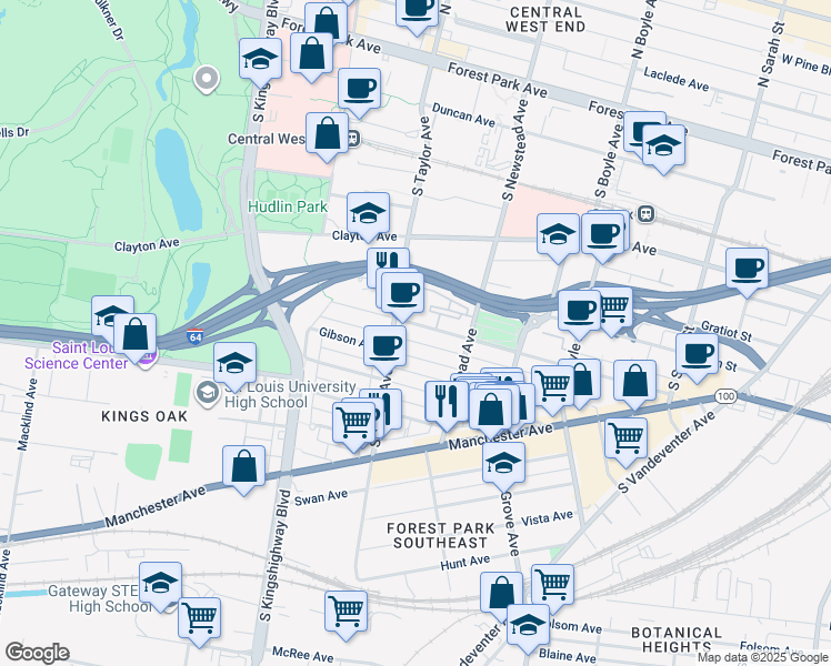 map of restaurants, bars, coffee shops, grocery stores, and more near 4437 Gibson Avenue in St. Louis