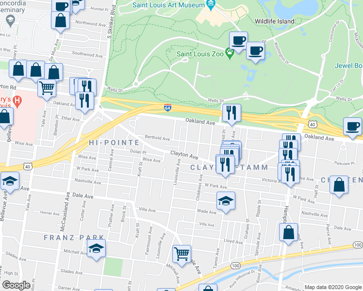 map of restaurants, bars, coffee shops, grocery stores, and more near 6496 Clayton Avenue in St. Louis