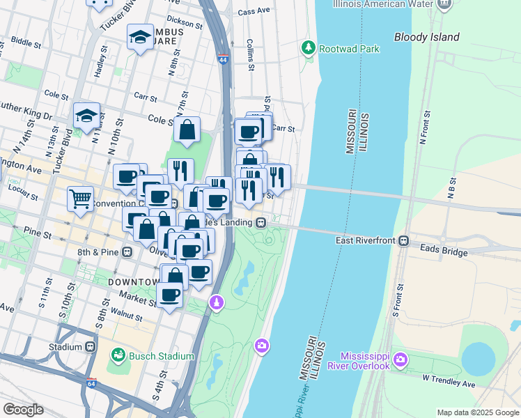 map of restaurants, bars, coffee shops, grocery stores, and more near 700-702 North 2nd Street in St. Louis