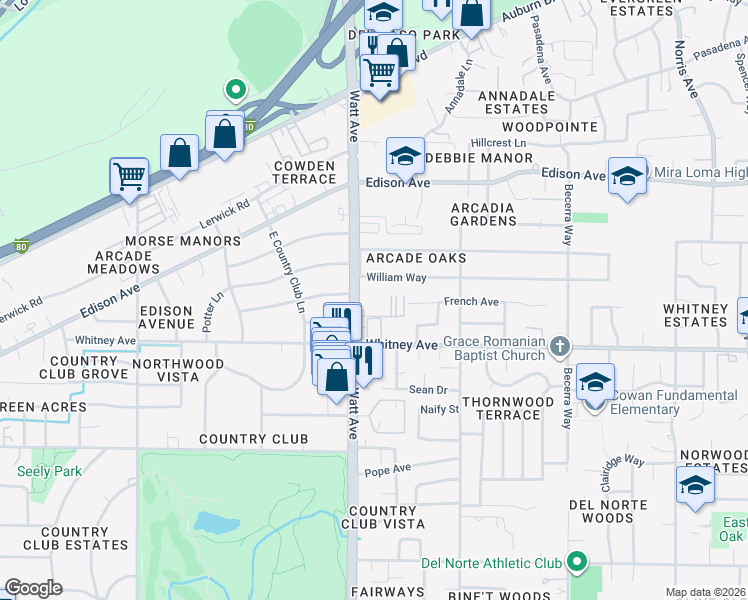 map of restaurants, bars, coffee shops, grocery stores, and more near 3541 Whitney Avenue in Sacramento