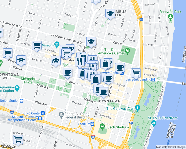 map of restaurants, bars, coffee shops, grocery stores, and more near 411 North 10th Street in St. Louis