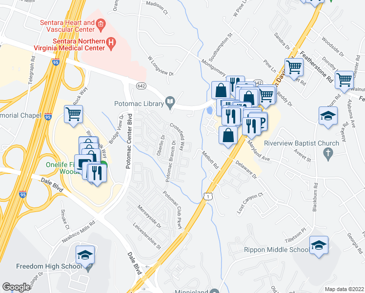 map of restaurants, bars, coffee shops, grocery stores, and more near Crossfield Way in Woodbridge