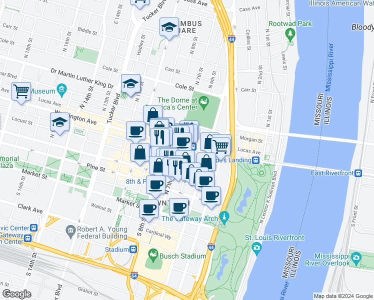 map of restaurants, bars, coffee shops, grocery stores, and more near 622 Washington Avenue in St. Louis