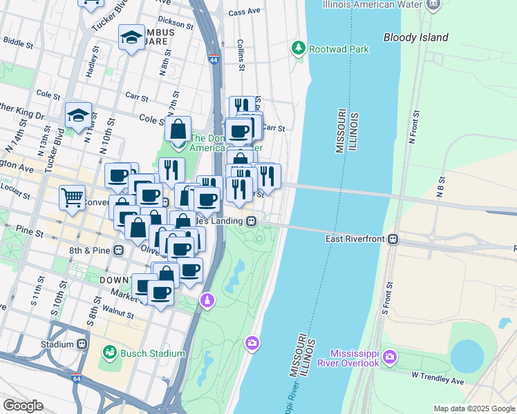 map of restaurants, bars, coffee shops, grocery stores, and more near 701 North 1st Street in St. Louis