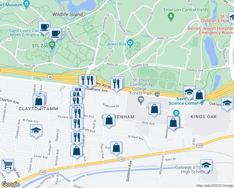 map of restaurants, bars, coffee shops, grocery stores, and more near 5700 Oakland Avenue in St. Louis
