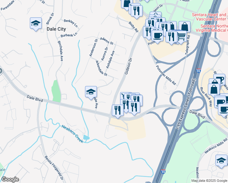 map of restaurants, bars, coffee shops, grocery stores, and more near 2985 Akron Street in Woodbridge