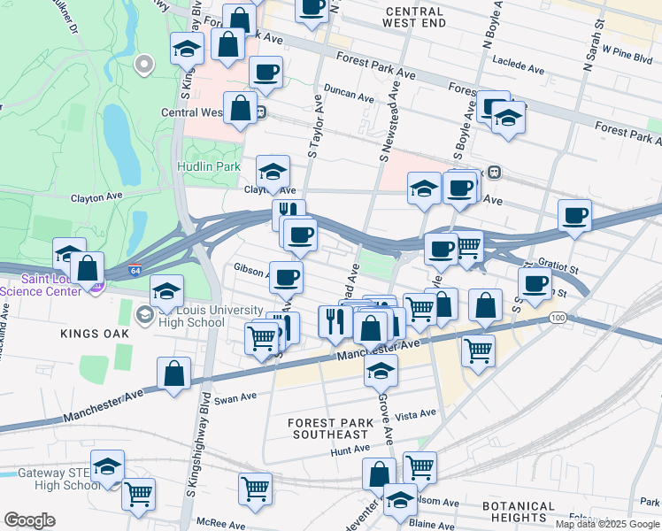 map of restaurants, bars, coffee shops, grocery stores, and more near 4431 Chouteau Avenue in Saint Louis