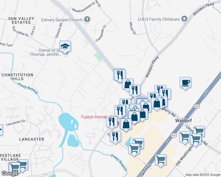 map of restaurants, bars, coffee shops, grocery stores, and more near 11331 Snow Owl Place in Waldorf