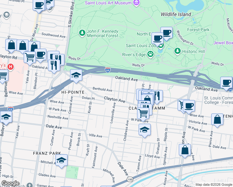 map of restaurants, bars, coffee shops, grocery stores, and more near 6496 Clayton Avenue in St. Louis