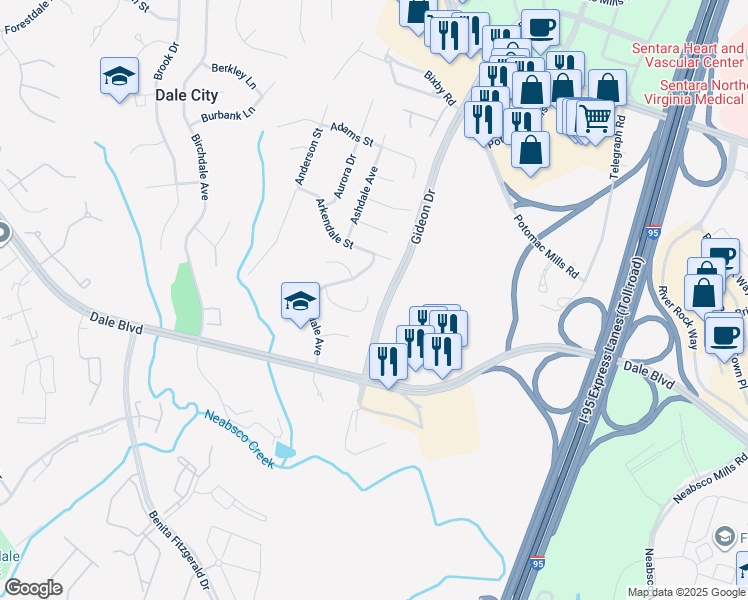 map of restaurants, bars, coffee shops, grocery stores, and more near 2985 Akron Street in Woodbridge