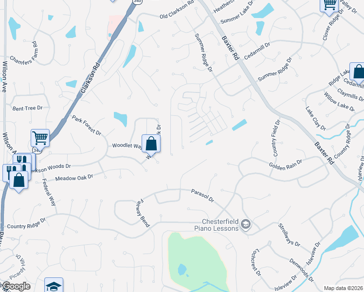 map of restaurants, bars, coffee shops, grocery stores, and more near 1848 Denton Ridge Court in Chesterfield