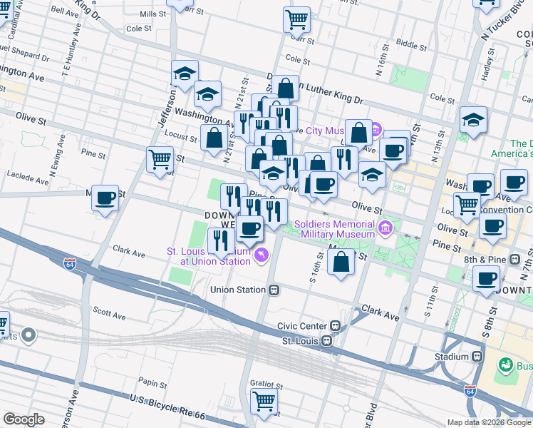 map of restaurants, bars, coffee shops, grocery stores, and more near 1831 Chestnut Street in St. Louis