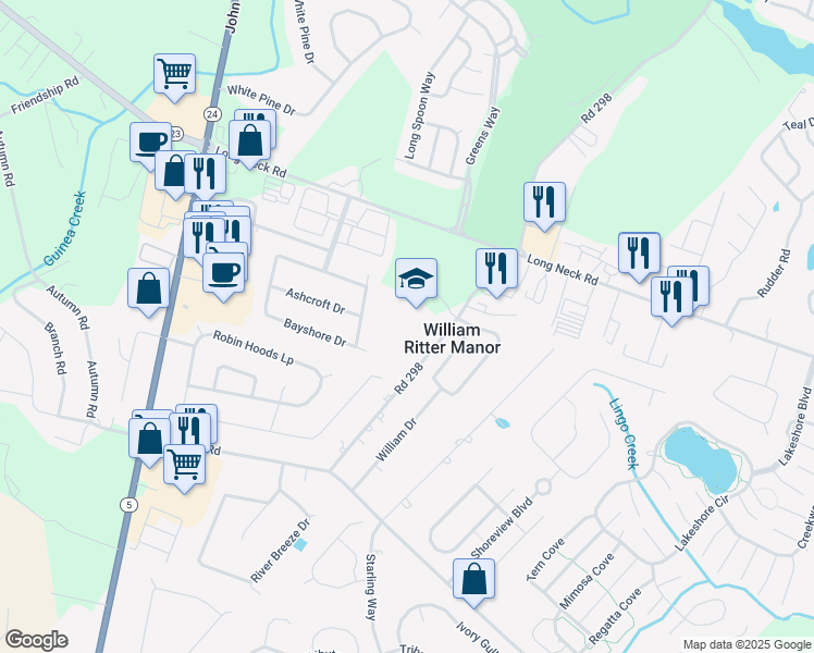 map of restaurants, bars, coffee shops, grocery stores, and more near 26064 School Lane in Millsboro