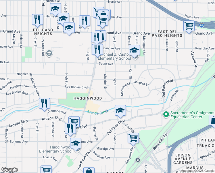 map of restaurants, bars, coffee shops, grocery stores, and more near 3363 Shelden Street in Sacramento
