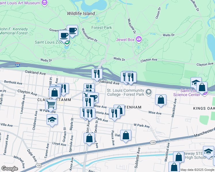 map of restaurants, bars, coffee shops, grocery stores, and more near 1038 Oakview Place in St. Louis