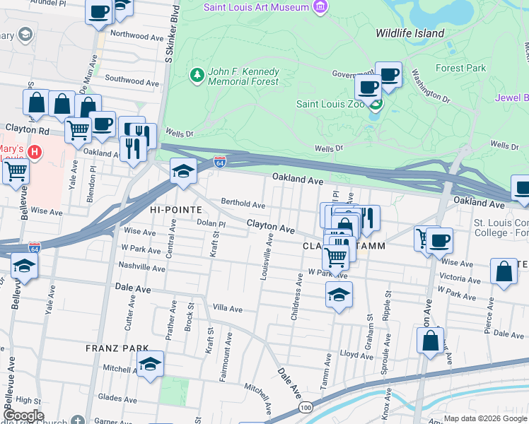 map of restaurants, bars, coffee shops, grocery stores, and more near 6496 Clayton Avenue in St. Louis