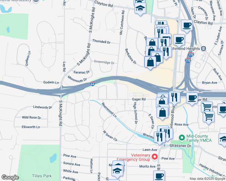 map of restaurants, bars, coffee shops, grocery stores, and more near 2 Chafford Woods in St. Louis