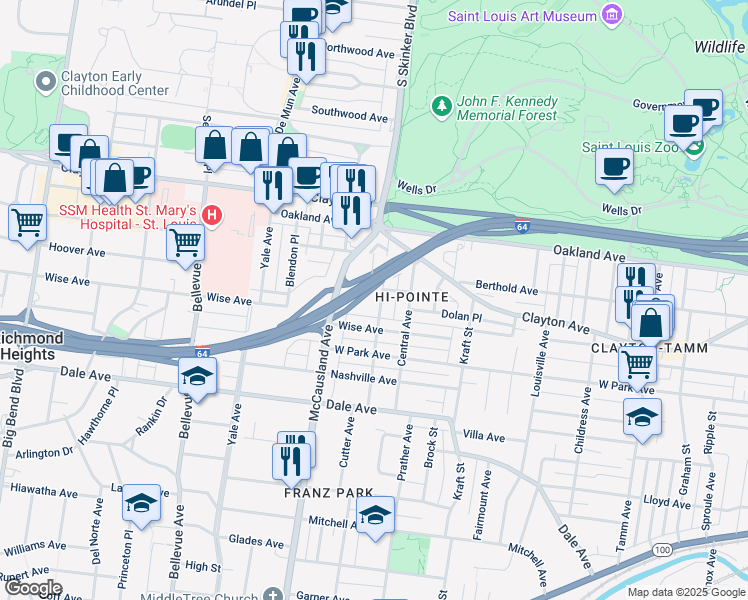 map of restaurants, bars, coffee shops, grocery stores, and more near 1115 Forest Avenue in Saint Louis