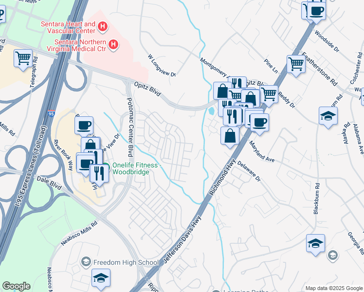 map of restaurants, bars, coffee shops, grocery stores, and more near 14600 Crossfield Way in Woodbridge