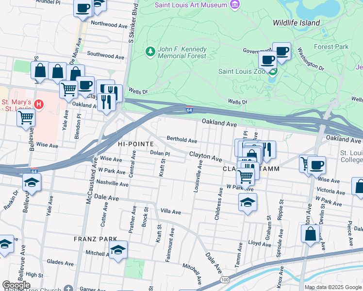 map of restaurants, bars, coffee shops, grocery stores, and more near 6536a Clayton Avenue in St. Louis