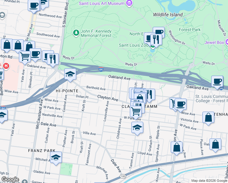 map of restaurants, bars, coffee shops, grocery stores, and more near 1031 Louisville Avenue in St. Louis
