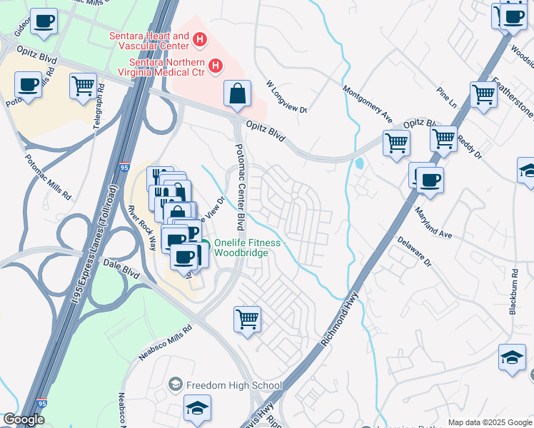 map of restaurants, bars, coffee shops, grocery stores, and more near 2349 Brookmoor Lane in Woodbridge